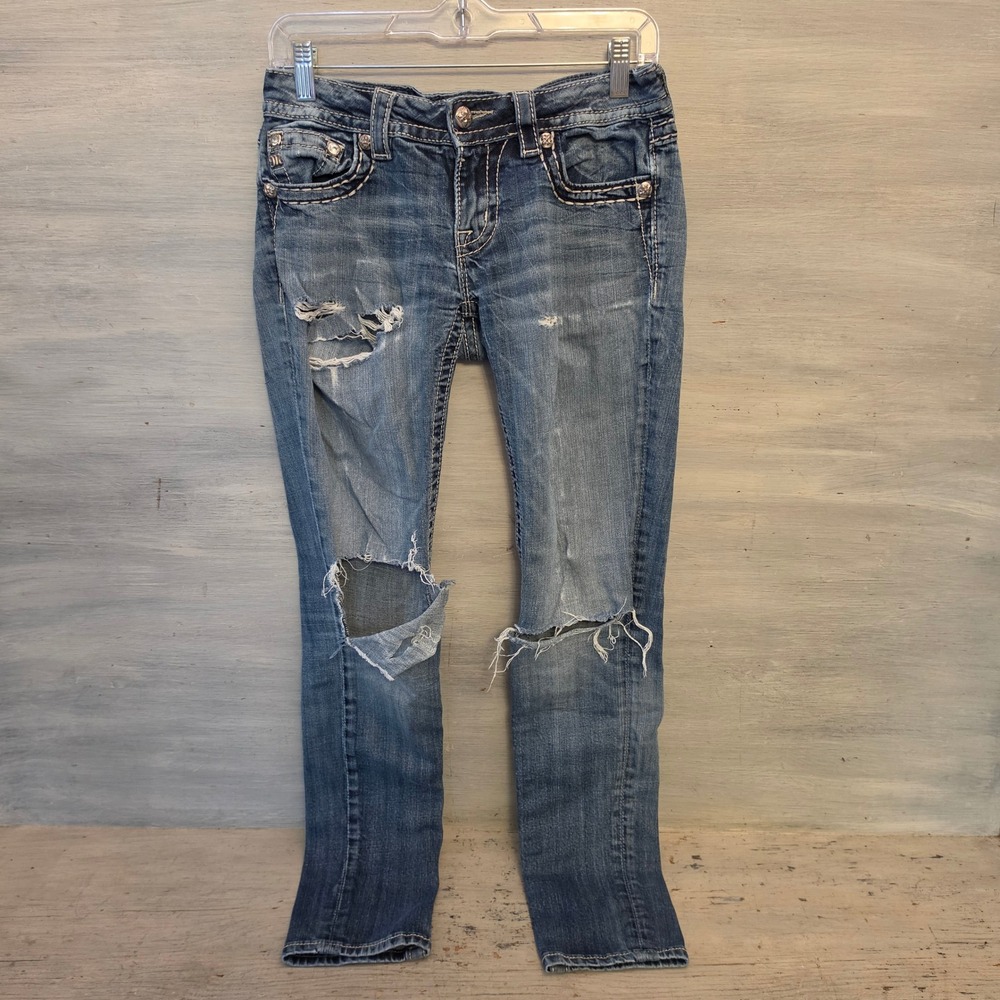 Miss Me Signature Skinny Medium Wash Distressed Embellished Denim Jeans 28" GC